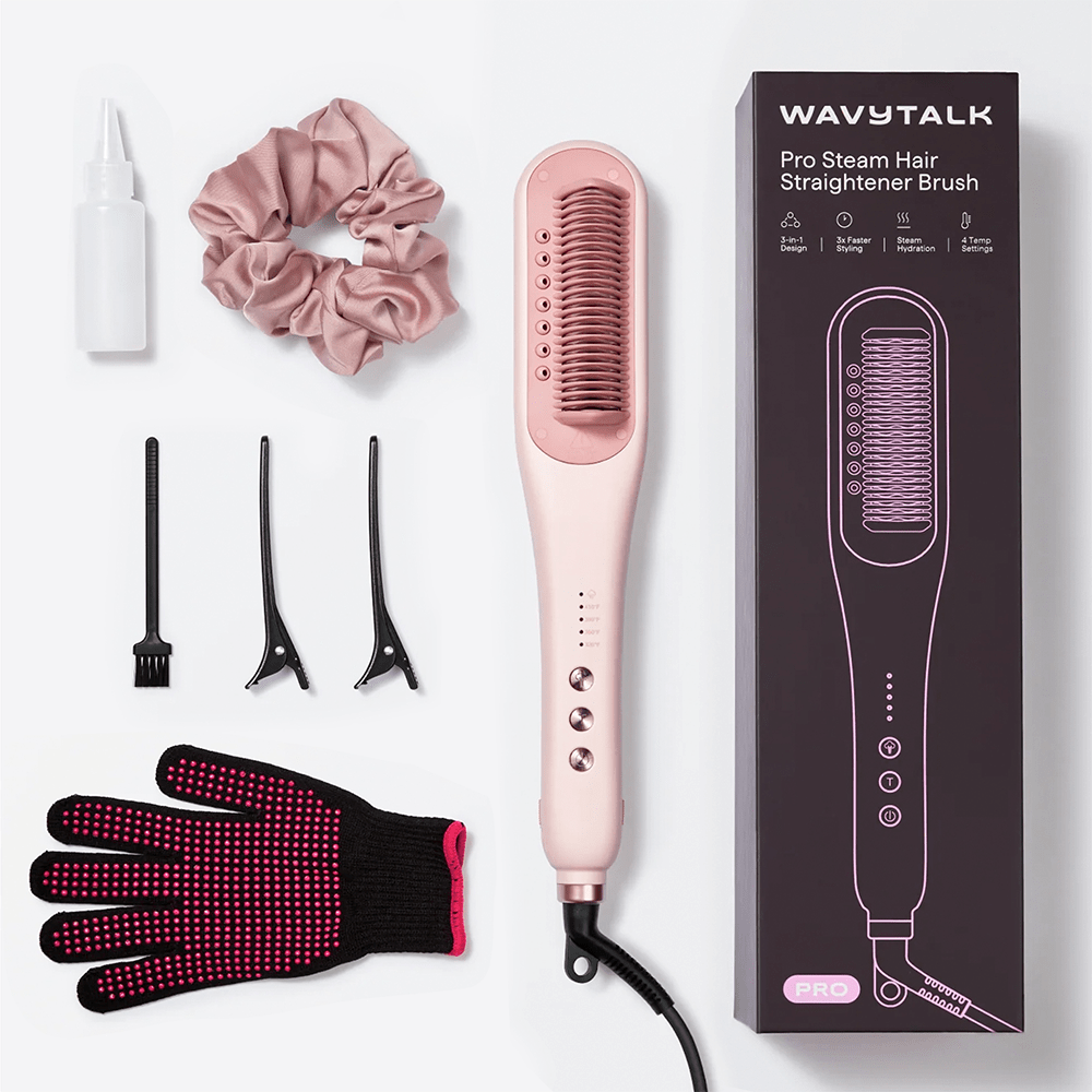 WavytalkSteamline Pro Hair Straightener with packaging, scrunchie, gloves, and attachments on a white background