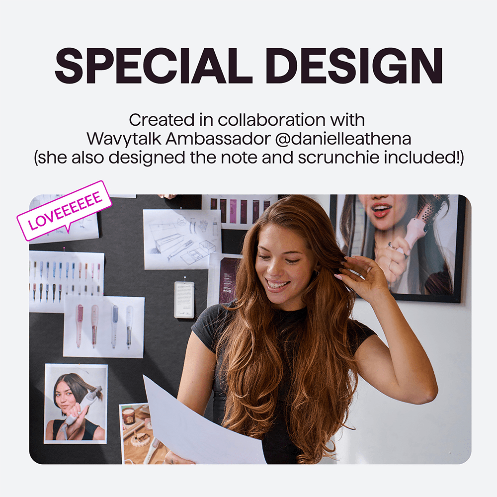 Special Design collaboration featuring brand ambassador @danielleathena, showcasing the creative process and exclusive hair accessories like a custom note and scrunchie.