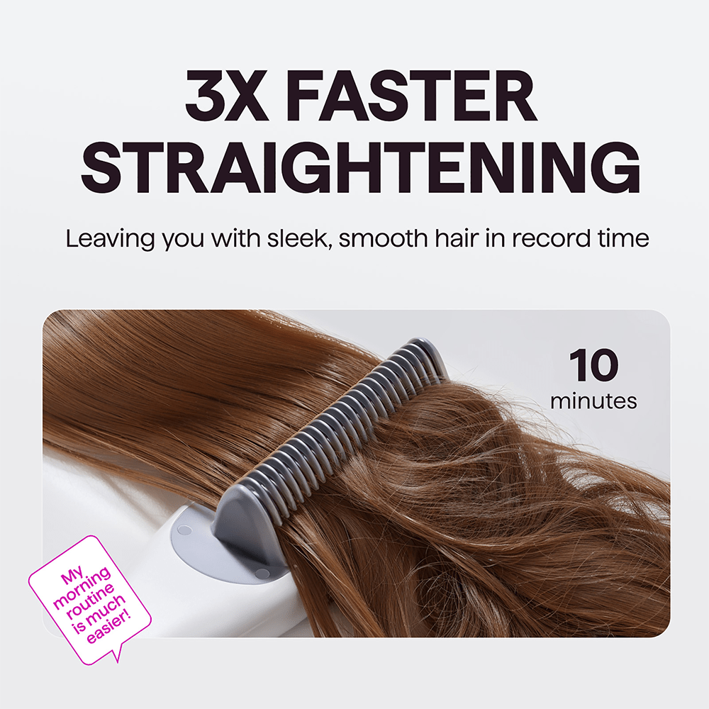 White Steamline Pro hair straightening tool featuring a text overlay highlighting instant heating speed and salon-quality results on a clean white background.