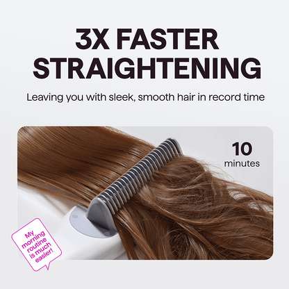 White Steamline Pro hair straightening tool featuring a text overlay highlighting instant heating speed and salon-quality results on a clean white background.