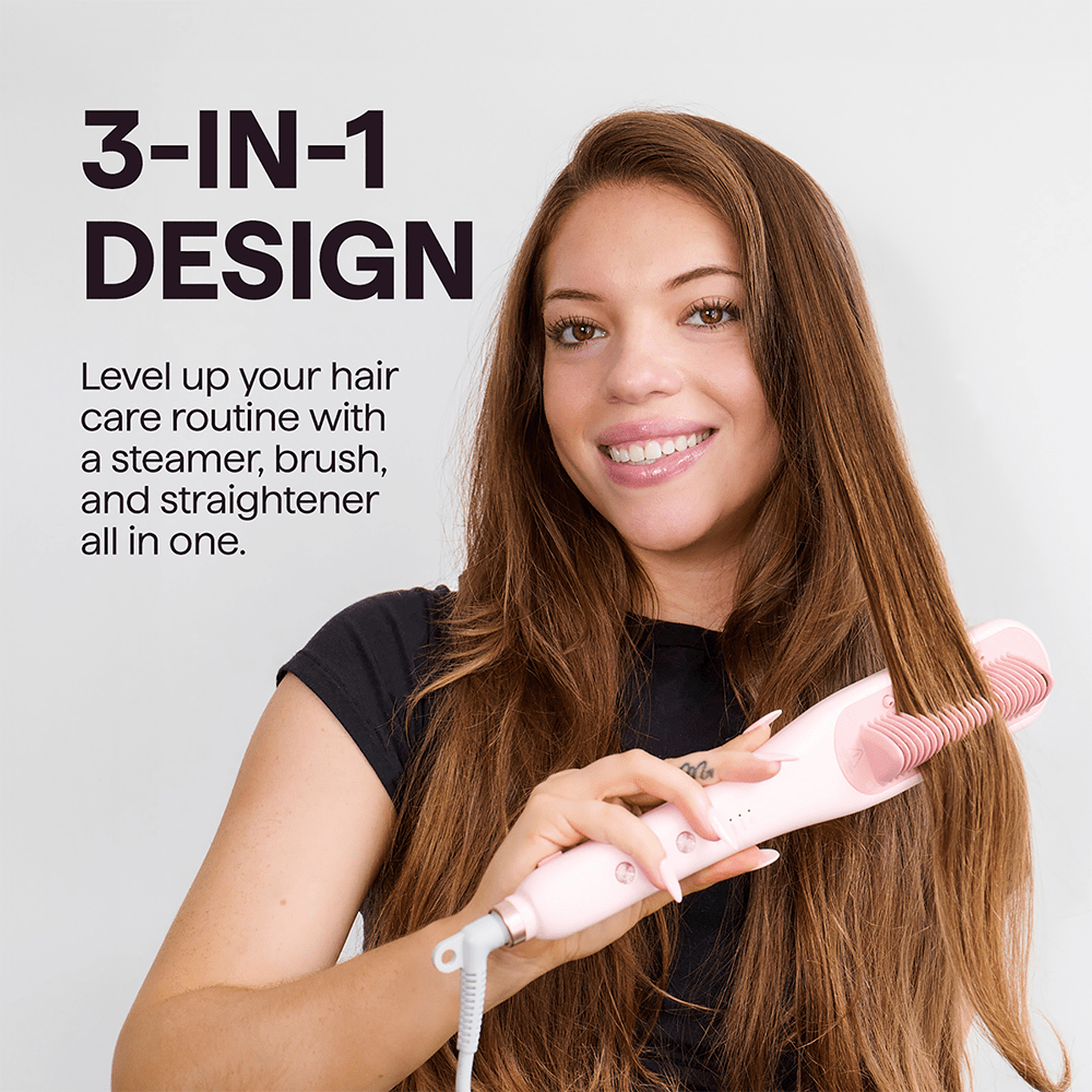 Woman using the Pink Steamline Pro styling device, featuring a text overlay highlighting its versatile 3-in-1 design for professional hair results on a light purple background.