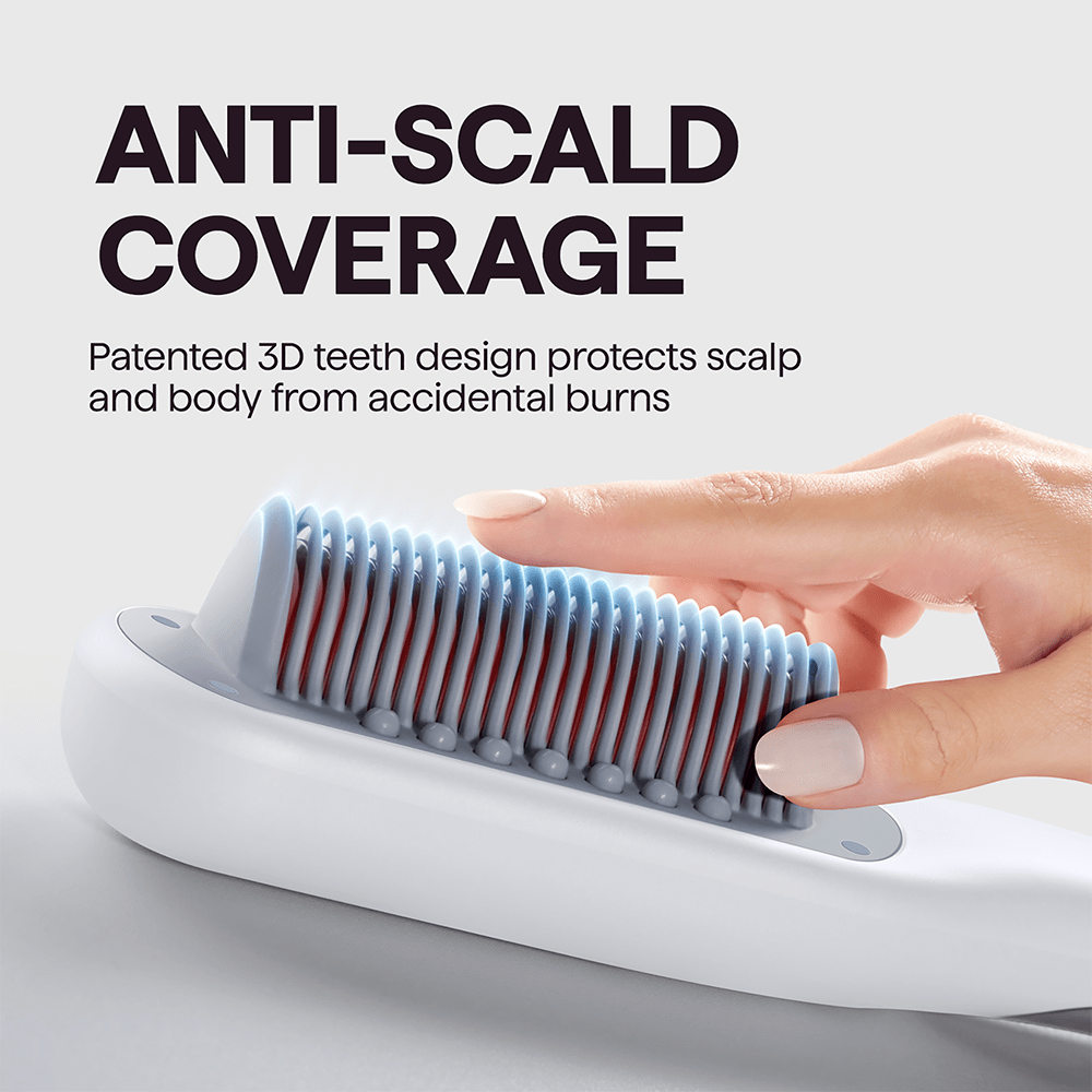 Close-up of a hand holding the Steamline Pro thermal brush, featuring a text overlay highlighting its anti-scald protection and 3D teeth design for safe, root-to-tip styling on a light purple background.