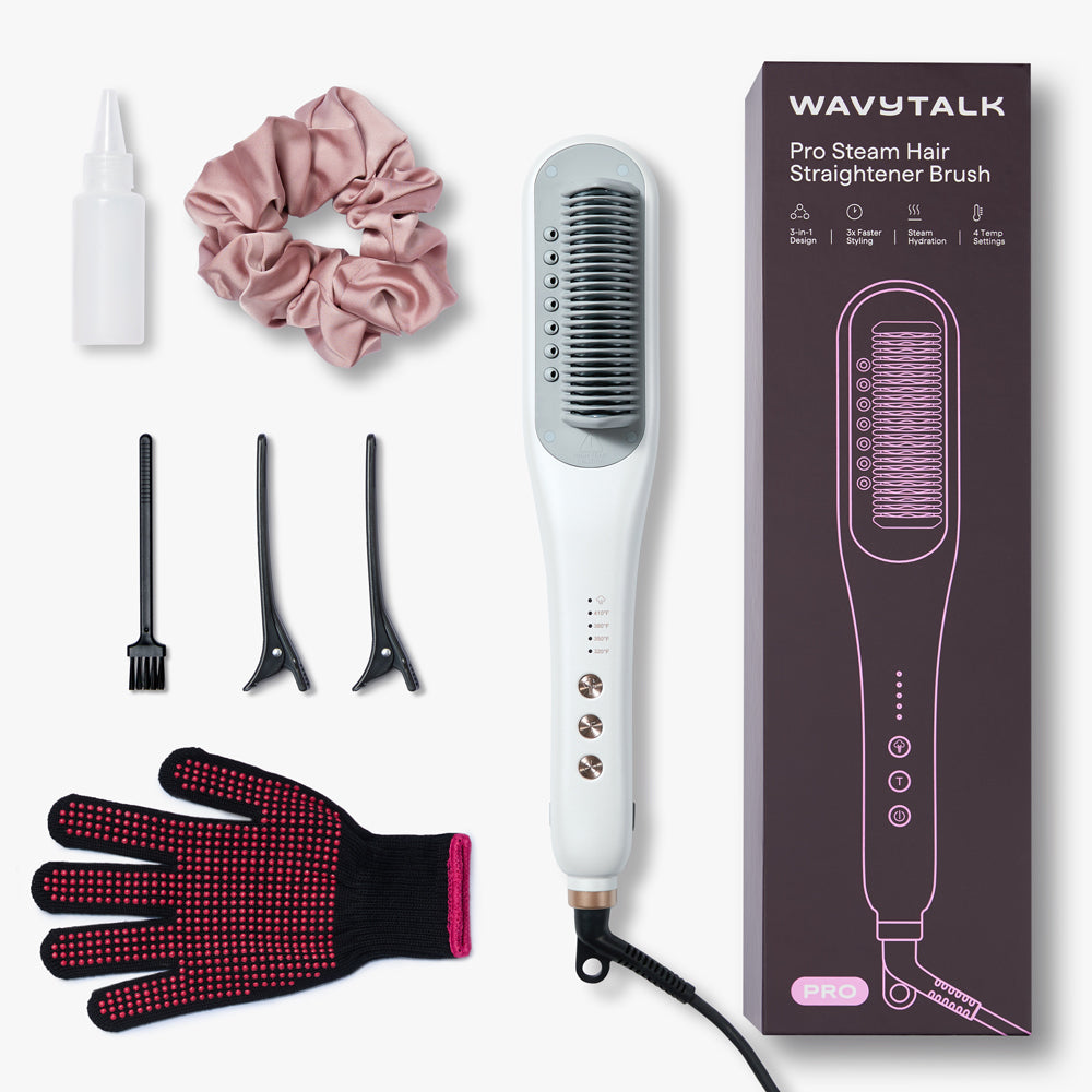 Wavytalk White Steamline Pro Hair Straightener Brush with accessories on a white background