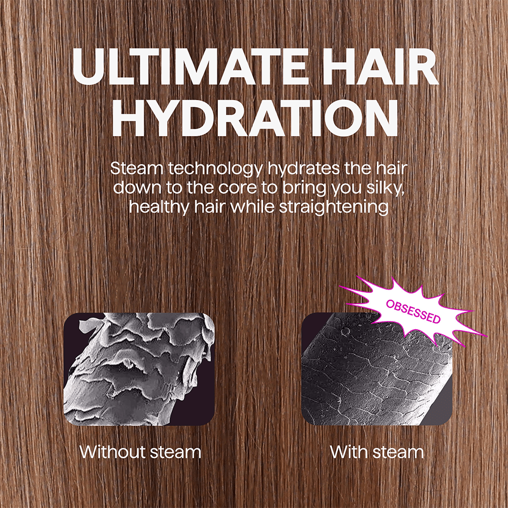 Advertisement for hair straightening product with steam technology on a wooden background.