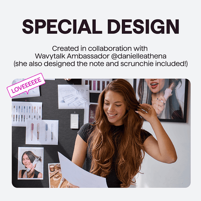 Special Design collaboration featuring brand ambassador @danielleathena, showcasing the creative process and exclusive hair accessories like a custom note and scrunchie.