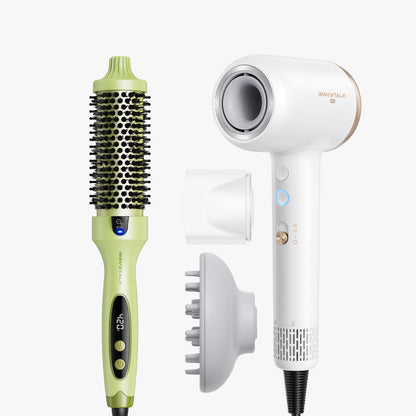 Green Blowout Boost and white Turblow Pro display on a white background