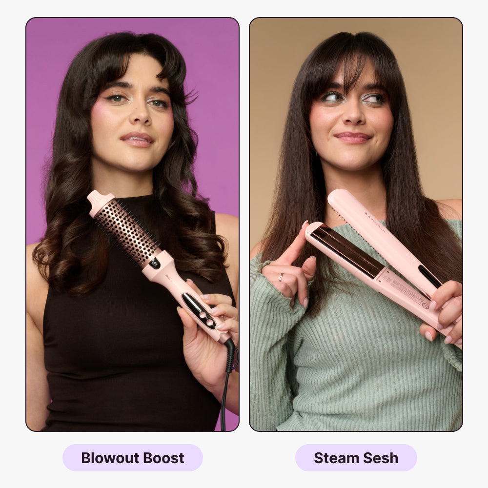 The two women are holding a Blowout Boost and a Steam Sesh respectively, against different background colors.