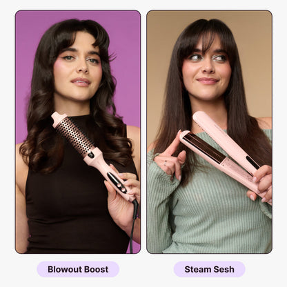 The two women are holding a Blowout Boost and a Steam Sesh respectively, against different background colors.