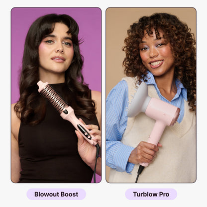 Two women using hair styling tools labeled 'Blowout Boost' and 'Turblow Pro' on a split background.