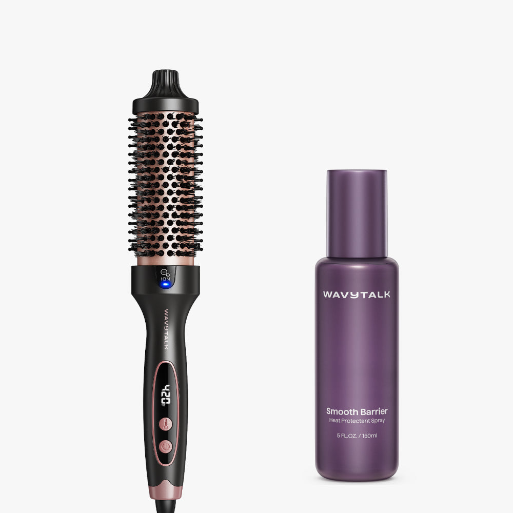Rose gold Blowout Boost and bottle of Smooth Barrier on a white background