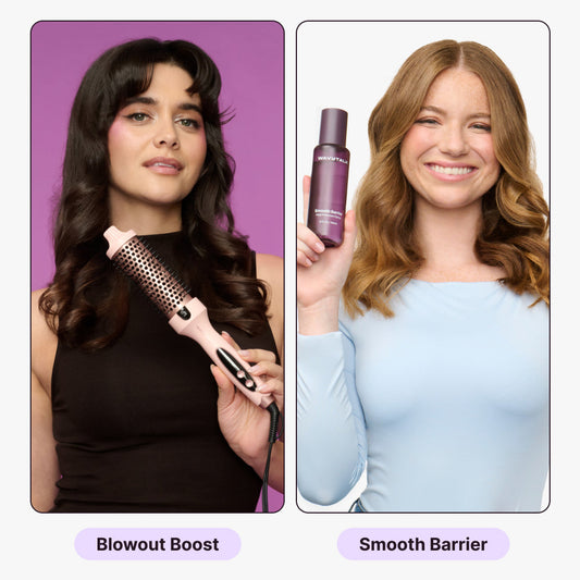 Two women with different hair care products and tools, one holding a blowout boost tool and the other holding a smooth barrier product.