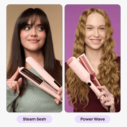 The two women are holding a Steam Sesh and a Power wave respectively, against different background colors.