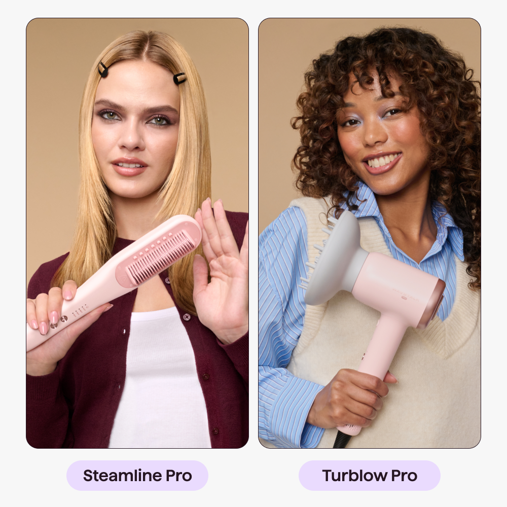 Two women holding different hair styling tools labeled 'Steamline Pro' and 'Turblow Pro' against a beige background.