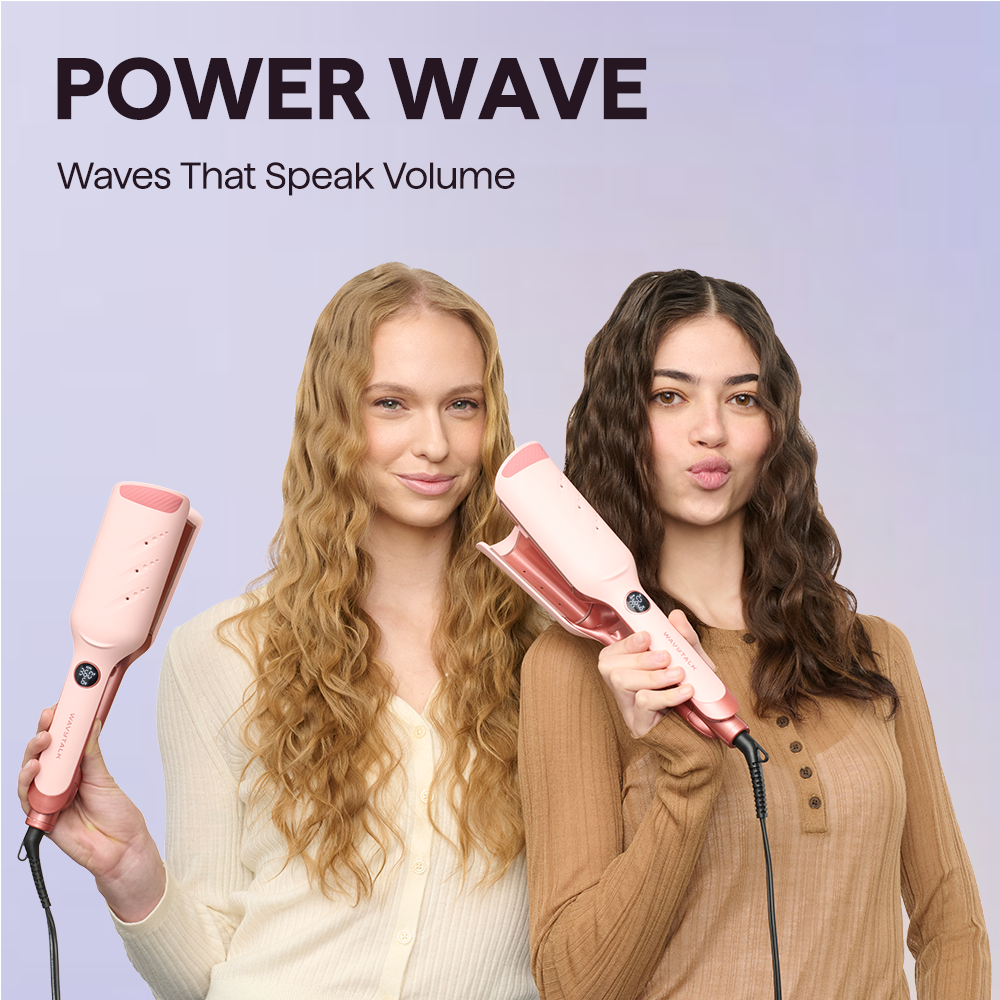 Two women with styled hair holding pink Power Wave against a light purple background with 'Power Wave' text.