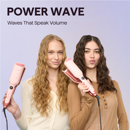 Two women with styled hair holding pink Power Wave against a light purple background with 'Power Wave' text.