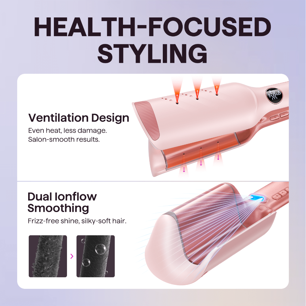 Power Wave with ventilation design and dual ionflow smoothing features on a light purple background.