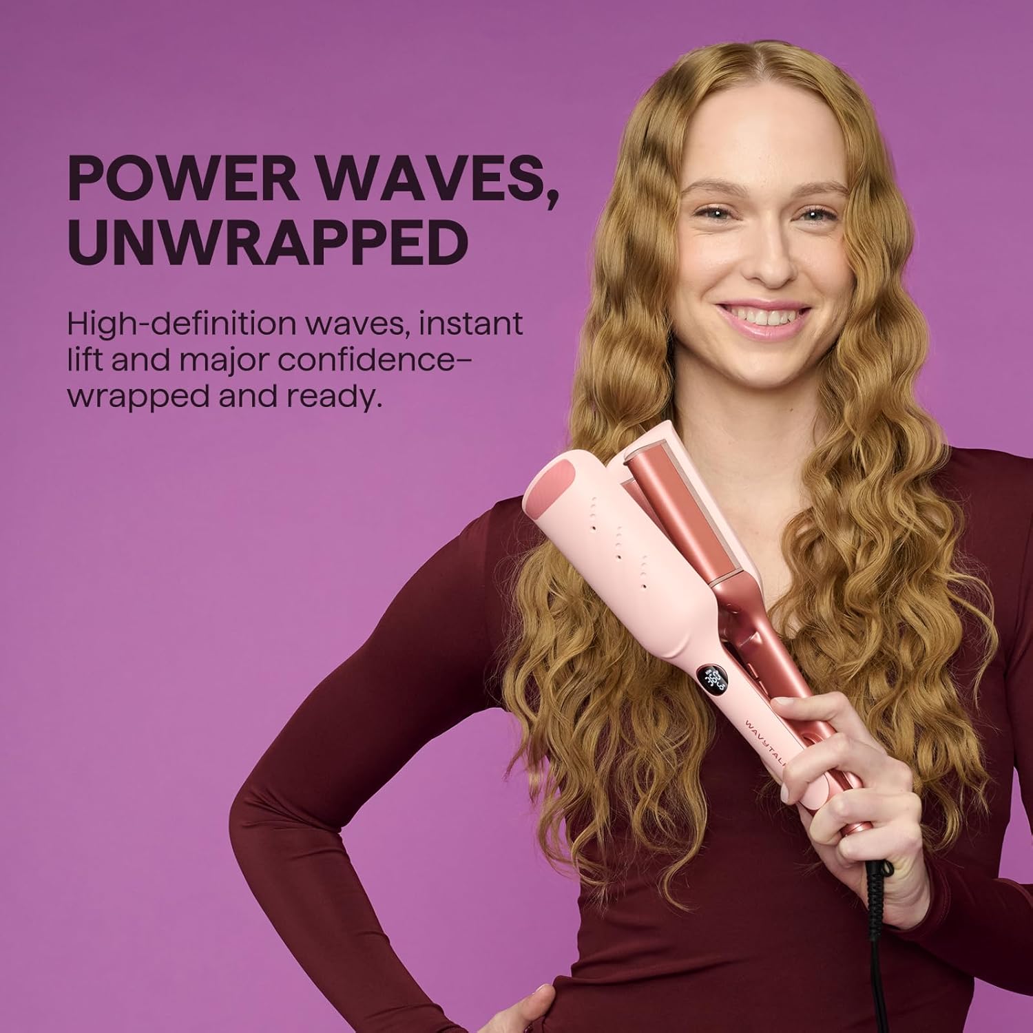 Woman with styled Power wave a hair styling tool against a purple background with promotional text.