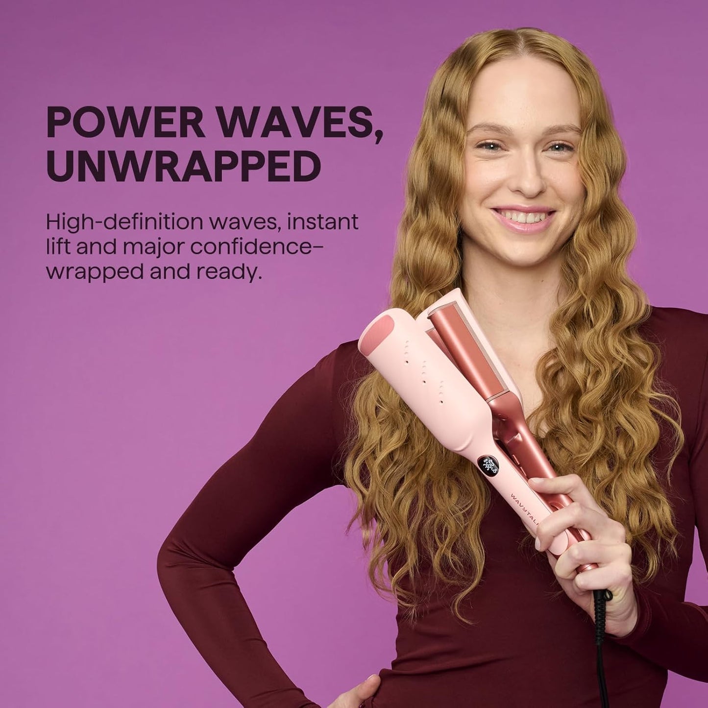 Woman with styled Power wave a hair styling tool against a purple background with promotional text.