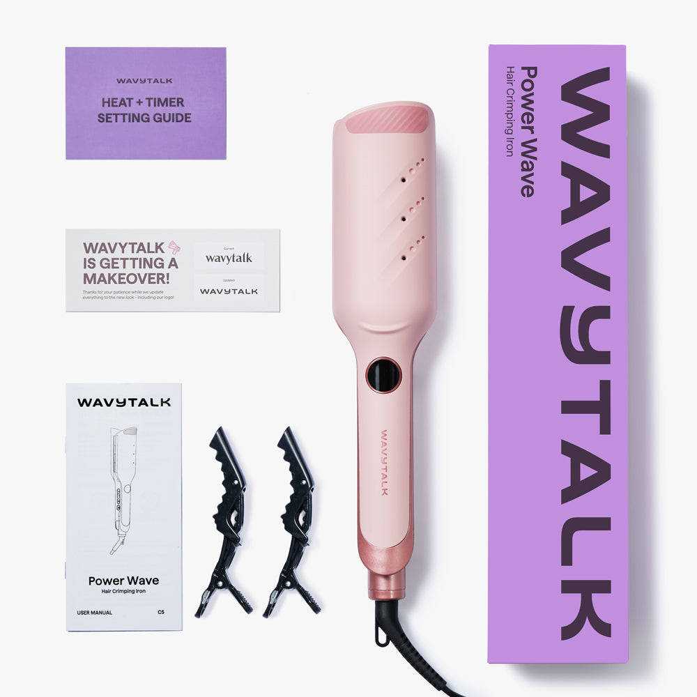 Pink Power Wave iron with Wavytalk packaging and accessories on a white background