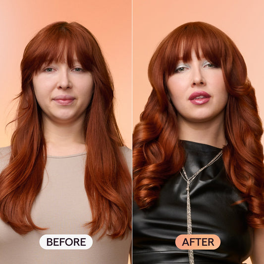 Before and after hair transformation showing flat hair vs. voluminous bouncy curls created with Wavytalk Thermal Round Brus
