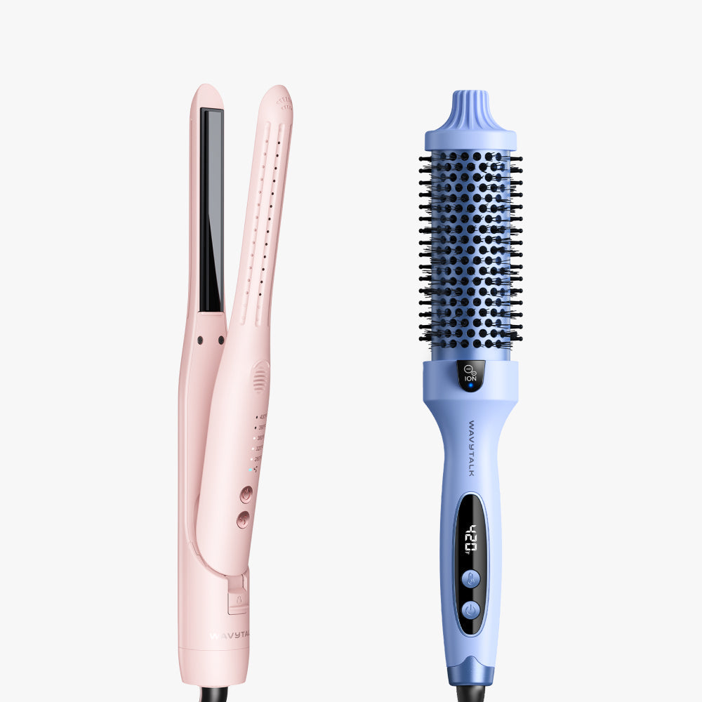 Pink Cool Curl Pencil and blue Blowout Boost on a white background