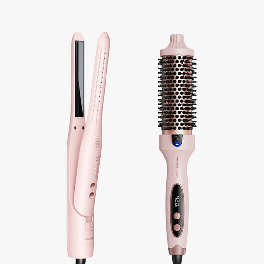 Pink Cool Curl Pencil and pink Blowout Boost on a white background