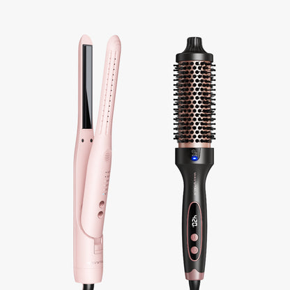 Pink Cool Curl Pencil and rose gold Blowout Boost on a white background