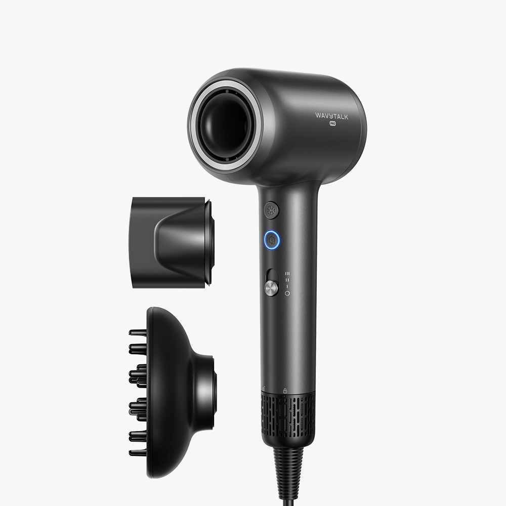 Gray Turblow Pro hair dryer with attachments on a white background
