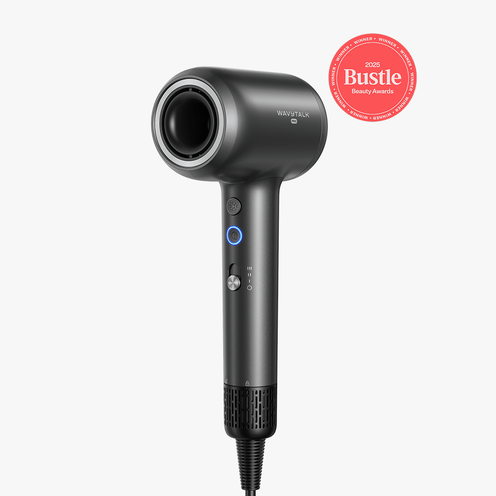 Gray Turblow Pro hair dryer with 'Bustle' beauty awards badge on a white background