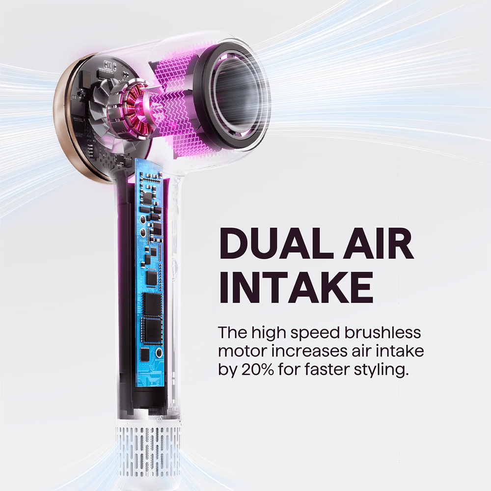 Gray Turblow Pro hair dryer with advanced dual air intake feature for faster drying, presented on a clean white background.