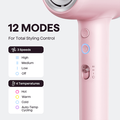 Pink Turblow Pro hair dryer with control buttons and text indicating 12 modes for styling control on a white background.