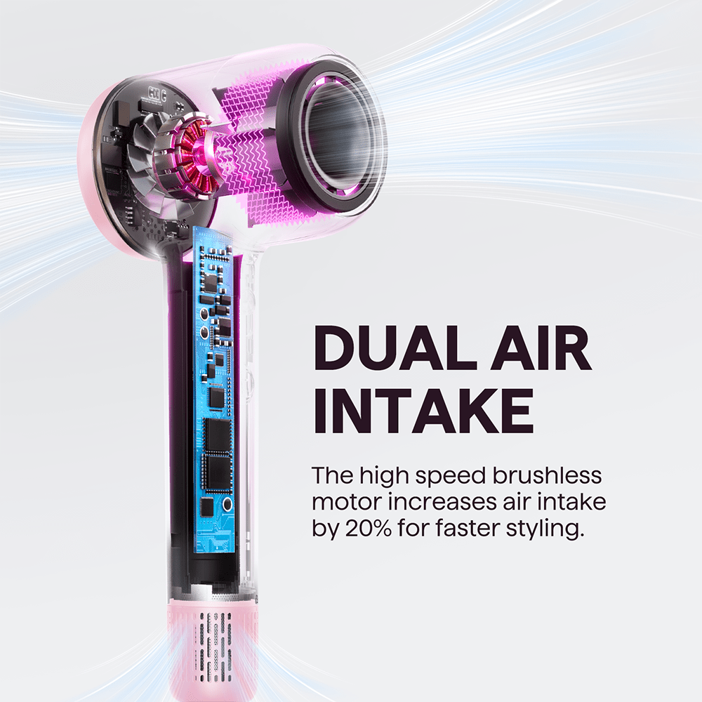 Pink Turblow Pro hair dryer with advanced dual air intake feature for faster drying, presented on a clean white background.