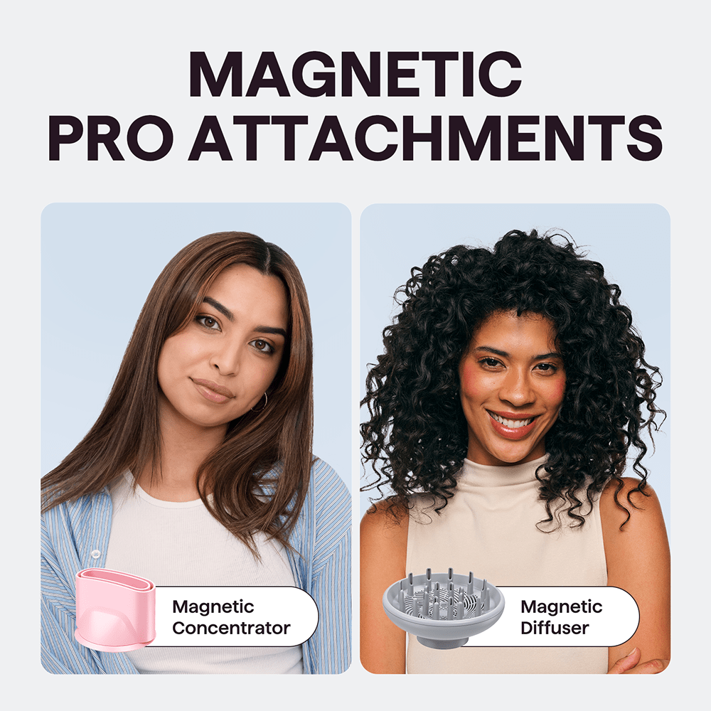 Turblow Pro hair dryer being used by two women with different hair types, showcasing the magnetic hair product attachments for versatile styling on a light blue background.