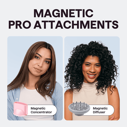 Turblow Pro hair dryer being used by two women with different hair types, showcasing the magnetic hair product attachments for versatile styling on a light blue background.