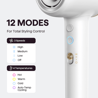 Whire Turblow Pro hair dryer with control panel displaying 12 modes for styling control on a white background.