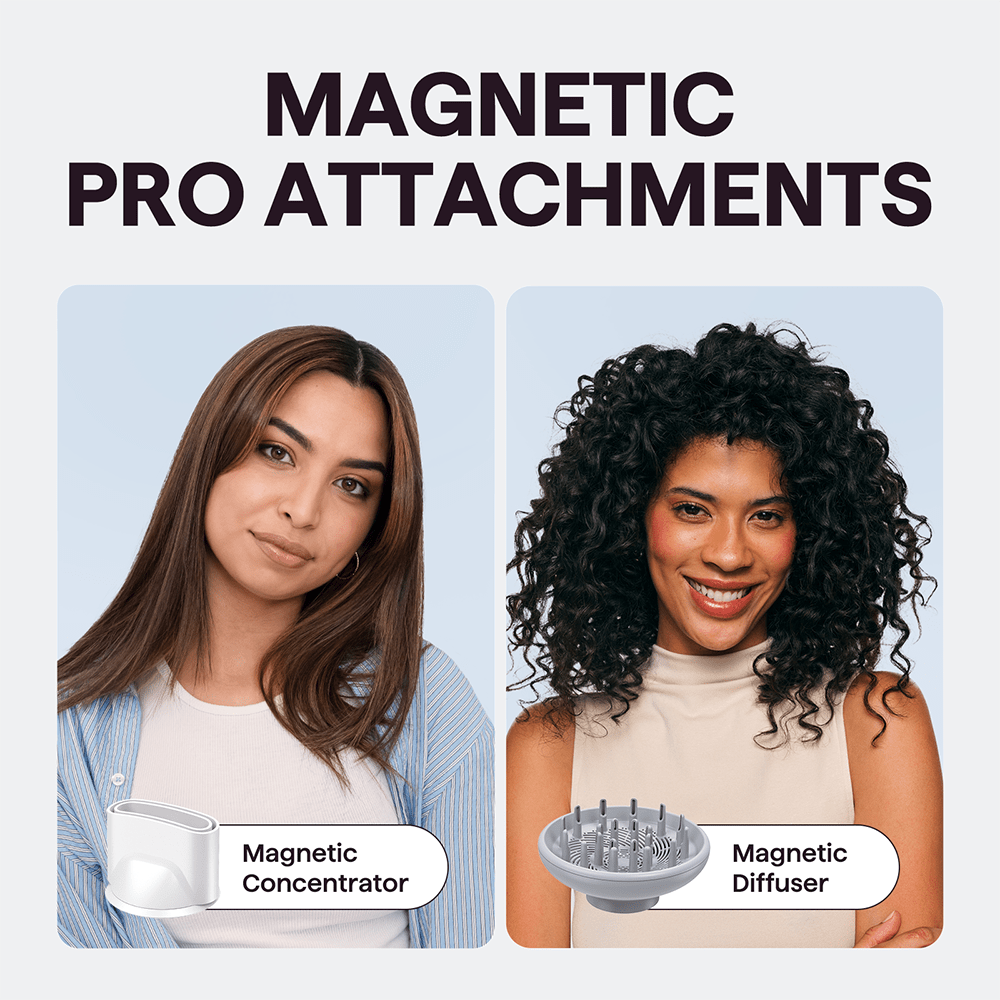 Turblow Pro hair dryer being used by two women with different hair types, showcasing the magnetic hair product attachments for versatile styling on a light blue background.