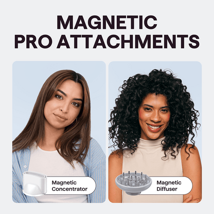 Turblow Pro hair dryer being used by two women with different hair types, showcasing the magnetic hair product attachments for versatile styling on a light blue background.
