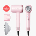 Pink hair dryer with attachments on a white background, featuring Bustle Beauty Award badge.