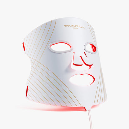 White Glow Time LED therapy mask with red lights on a white background, branded 'WAVYTALK'.