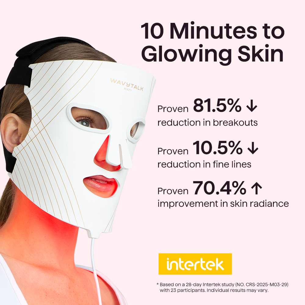 Woman wearing a Glow Time LED therapy mask with Intertek branding and skin improvement statistics on a light pink background.