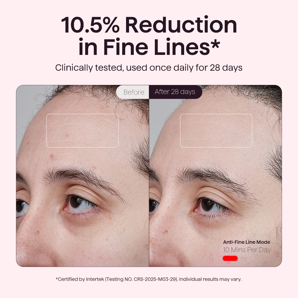 Before and after effect of a skincare product on fine lines with text indicating reduction and clinical testing.