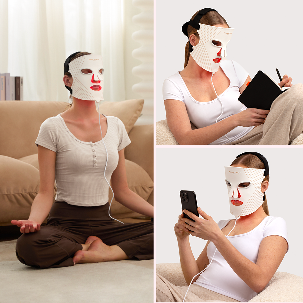 Woman wearing a Glow Time LED therapy mask in various activities on a couch.