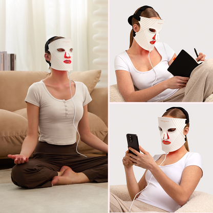 Woman wearing a Glow Time LED therapy mask in various activities on a couch.