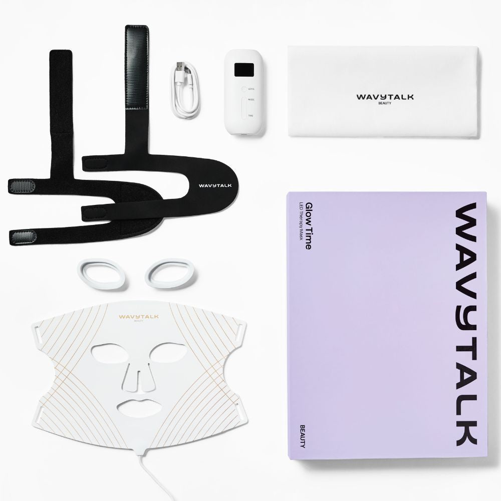 WavyTalk Glow Time set including LED mask, straps, and packaging on a white background