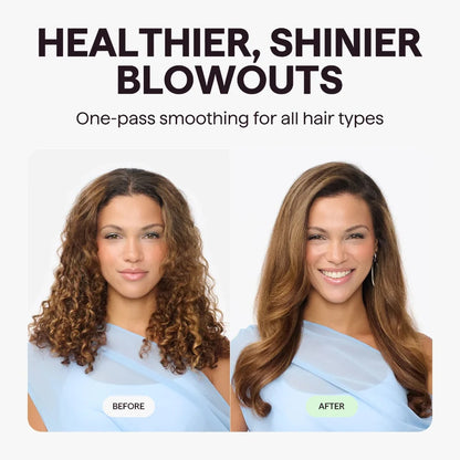 Before-and-after comparison of a woman with curly hair transformed into smooth, shiny brown hair, with the text 'HEALTHIER, SHINIER BLOWOUTS' at the top.