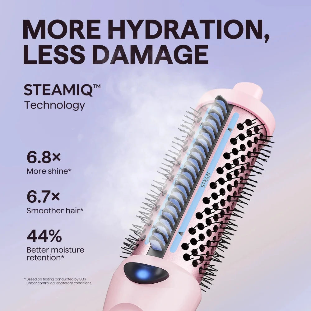 A pink steam hair styling brush with visible steam technology and black bristles, shown on a soft lavender background with marketing text about hydration, shine, smoothness, and moisture retention.