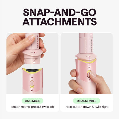 Instruction graphic showing a pink hair styling tool with two panels: one demonstrating assembly with text 'ASSEMBLE' and one demonstrating disassembly with text 'DISASSEMBLE'. Large headline at the top reads 'SNAP-AND-GO ATTACHMENTS'.
