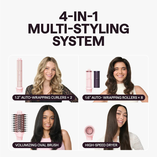 A 4-in-1 multi-styling system set against a light gray background, featuring four panels with models demonstrating the use of pink styling tools: two curlers, eight rollers, an oval brush, and a high-speed dryer.