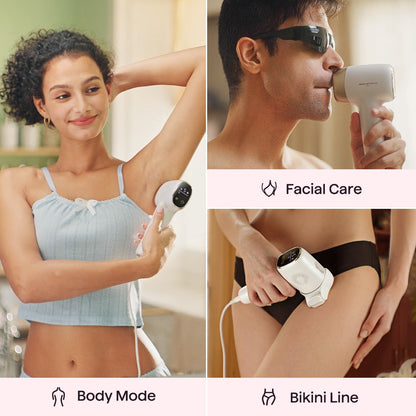 A four-panel collage showing a handheld white and black beauty device used on different body areas. The top-left panel shows a woman using it under her arm, labeled 'Body Mode.