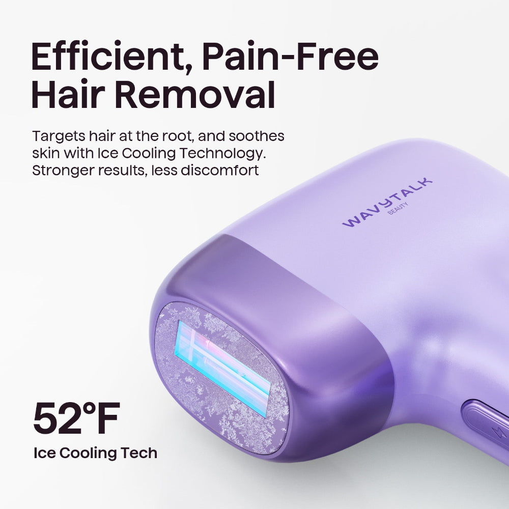 Purple hair removal device with text about efficient, pain-free hair removal and ice cooling technology on a white background.